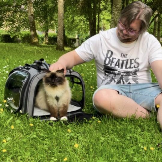 Chat au parc dans son sac de transport 
